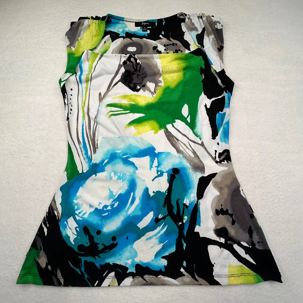 Express Women Sleeveless Abstract Floral Blouse size Small Flowers Tropical Top